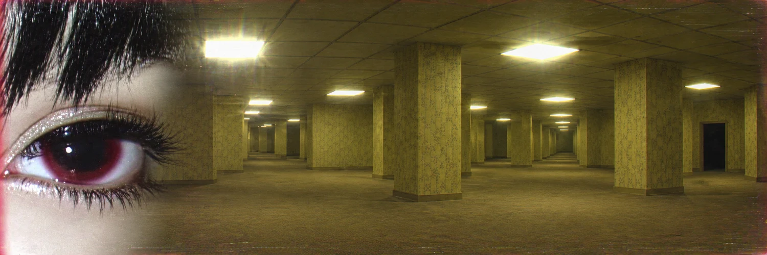 An enormous burgundy eye watching an endless yellow backrooms corridor