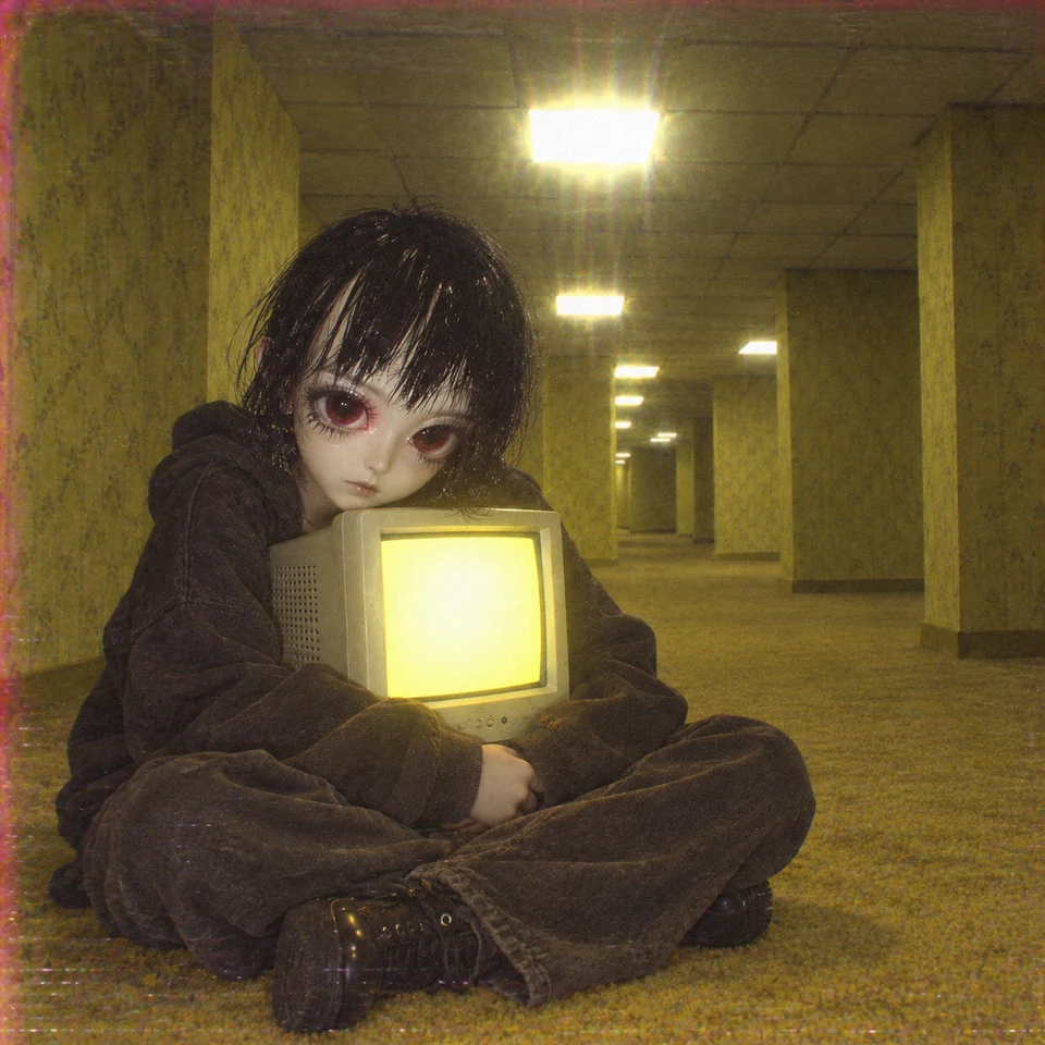 The black-haired character holding a glowing CRT monitor