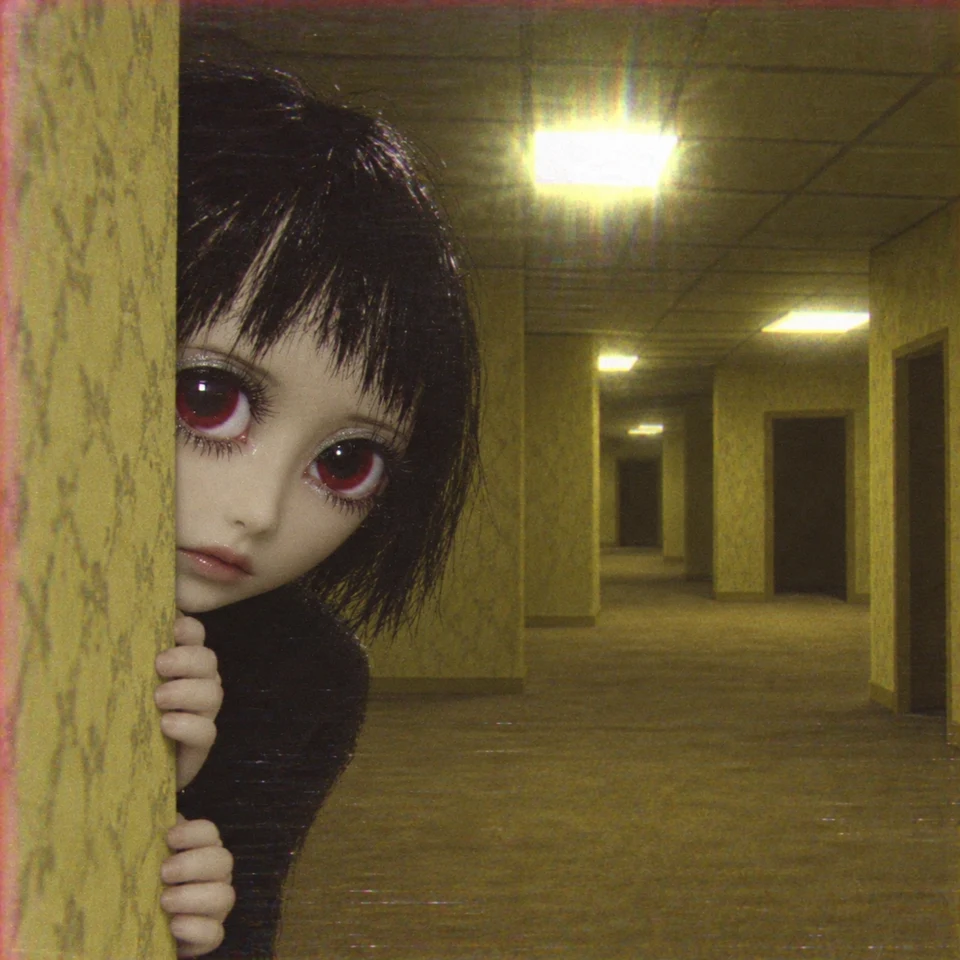 The character peeking around a yellow wallpapered corner